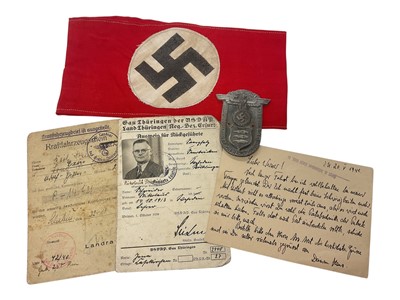 Lot 842 - Nazi German party armband, ID and metal badge.