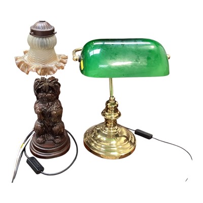 Lot 5217 - Brass bankers style desk lamp with green shade together with another lamp