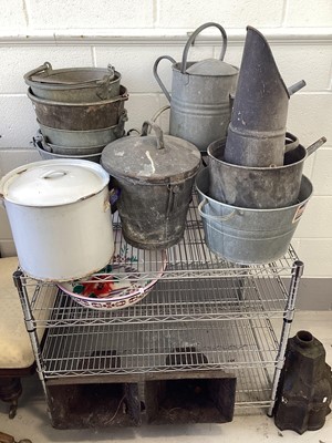 Lot 5218 - Group of tin buckets and watering cans together with a enamelled pot with lid, metal shelf and others