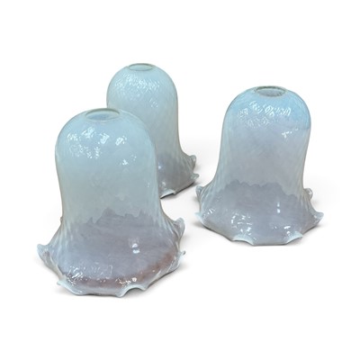 Lot 677 - Three opaline lamp shades with crimpled edging