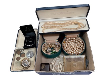 Lot 261 - Group of costume jewellery including an antique gilt metal glazed rotating mourning brooch, coin brooch, silver gem set ring, silver necklace, various simulated pearl necklaces and other bijouter...