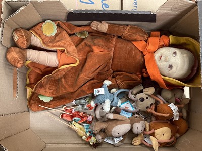 Lot 1966 - Soft toys to include Jellycat key rings, vintage chenille pipe cleaner stick puppets, plus a Norah Wellings style doll