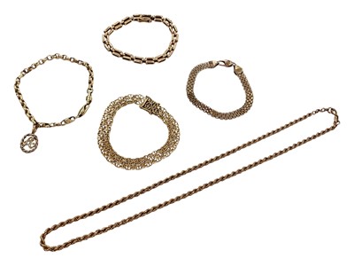 Lot 1016 - Two 9ct gold bracelets, yellow metal bracelet, one other yellow metal bracelet marked 585 with 9ct gold 'A' pendant attached and a 9ct gold rope twist necklace (5)