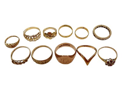 Lot 1021 - Group of eleven 9ct gold and yellow metal rings