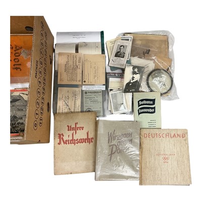 Lot 885 - Interesting of First and Second World War German military ephemera to include booklets, passes and other items, (1 box).