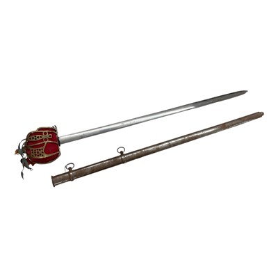 Lot 858 - Reproduction Scottish Regimental officers' Claymore sword with basket hilt and wire bound leather grip, in scabbard.