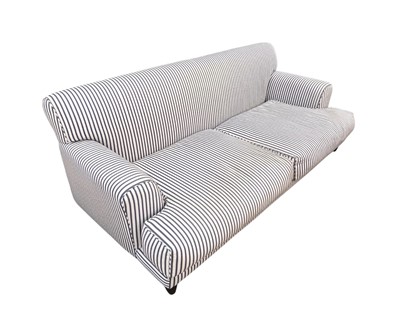 Lot 5376 - Good quality traditional sofa upholstered in blue and white striped linen on wooden legs, approximately 216cm long x 83cm high.