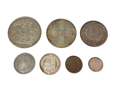 Lot 507 - G.B. - Mixed Victoria JH 1889 silver coins to include Crown GVF, Double Florin GVF, Half Crown EF, Shillings large head UNC, small head (Rare) VG, Three Pence UNC & an 1888 Six Pence AEF (7...