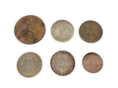 Lot 508 - G.B. - Mixed Victoria coinage to include silver YH Shilling 1874 (Die No. 14) GVF, OH Shillings 1894 GVF-AEF, 1894 UNC, 1893 GF-AVF, Six Pences 1901 AVF & bronze Penny 1900 (N.B. Some lustre...