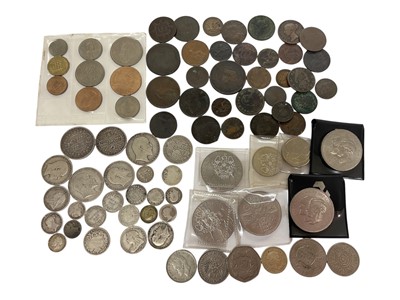 Lot 513 - World - Mixed coins to include G.B. pre 1920 silver (N.B. Est, face value £1.18), 1953 year set, mixed Georgian copper coins, a Saudi Arabia silver coin in keyring & other issues (Qty)