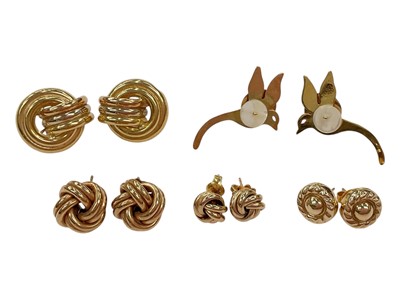 Lot 275 - Pair of 18ct gold earrings, three pairs of 9ct gold earrings and pair of yellow metal bird earrings