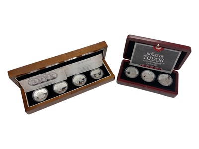Lot 519 - World - L.M.O silver coin sets to include The Heraldic Beasts .999 silver four Crown set 2013 (N.B. Each coin weighs 12gms) & The House of Tudor .925 silver three Crown commemorative set 200...