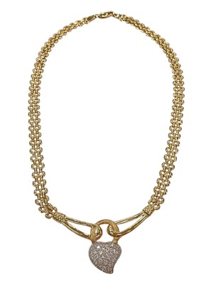 Lot 276 - Yellow metal necklace with paste set heart pendant on a brick-link chain, marked 18k, 46cm long