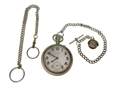 Lot 921 - British military issue open face pocket watch, with white enamel Arabic numeral dial, rear of case marked with broad arrow and numbered 'D 15038' together with an albert chain and compass fob. <...
