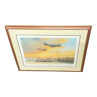 Lot 927 - Robert Taylor- signed limited edition Second World War aviation interest print, "Return to Duxford - Winter of 44", no. 584 of 950, signed by the artist and veterans, image 72.5 x 47cm, mounted...