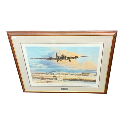 Lot 928 - Robert Taylor- signed limited edition Second World War aviation interest print, "Winter's Welcome", no. 567 of 1250, signed by the artist and veterans, image 76 x 51cm, mounted in a glazed frame...