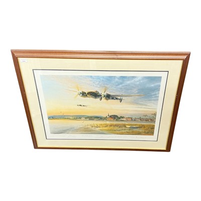 Lot 929 - Robert Taylor- signed limited edition Second World War aviation interest print, "Coming in over the Estuary", no. 81 of 1250, signed by the artist and veterans, image 76 x 51cm, mounted in a gla...