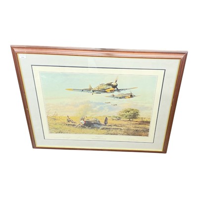 Lot 930 - Robert Taylor- signed limited edition Second World War aviation interest print, "Hartmann Tribute", no. 593 of 1250, signed by the artist and veteran, image 72.5 x 53cm, mounted in a glazed fram...