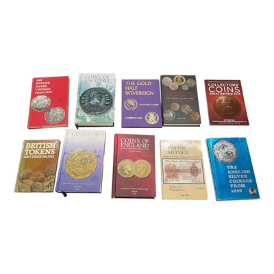 Lot 534 - Books - two boxes containing coin related reference books to include copies of the gold half sovereign by Michael A Marsh x 8, English Hammered Coinage Vol I by J.J. North, Spinks - Coins of Sco...