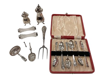 Lot 976 - Cased set of six silver spoons, pair of silver mounted glass knife rests, two silver pepperettes, Georgian silver caddy spoon, one other broken spoon and a silver handled fork