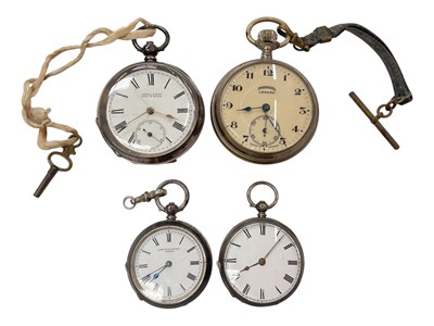 Lot 978 - Silver cased Kendall & Dent pocket watch, two silver cased fob watches and an Ingersoll Leader pocket watch (4)