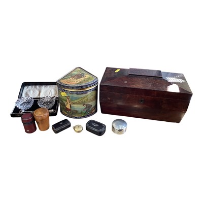 Lot 195 - Late Regency tea caddy, together with various works of art, snuff boxes, tobacco tin, other items