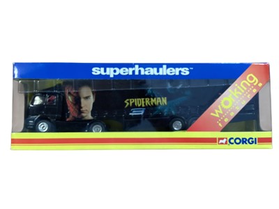 Lot Corgi Superhaulers 1:64 scale diecast articulated lorries including Scania Castro Honda race Transporter ~ TY86601, Spider-Man with Tobey Maguire alongside logo & Scania R...