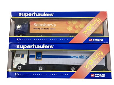 Lot Corgi Superhaulers 1:64 scale diecast articulated lorries including Scania Tesco Curtainside ~ 59572, Scania Wilkinson container ~ TY86613, Scania Sainsbury's container & A...