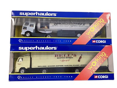 Lot Corgi Superhaulers 1:64 scale diecast articulated lorries including Volvo Nisa Today's box trailer ~TY86721, Netto box trailer, Bell's Scotch Whisky box trailer & Renault...