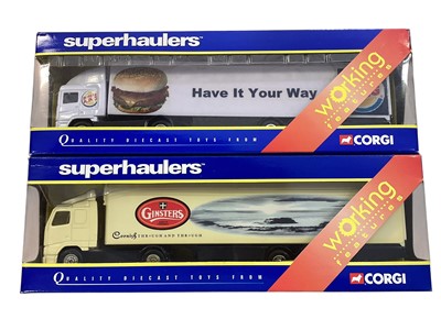 Lot Corgi Superhaulers 1:64 scale diecast "working features" articulated lorries including Volvo Ginsters box trailer ~TY86717, Volvo Pedro box trailer ~ TY86715, Volvo Tango box trailer & Burge...