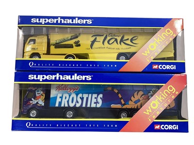Lot Corgi Superhaulers 1:64 scale diecast articulated lorries including Volvo Marmite box trailer~ TY86716, Renault Frosties container ~ TY86908, ERF OXO box trailer & Volvo...