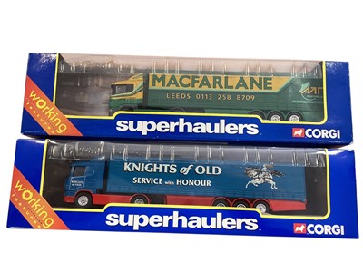 Lot Corgi Superhaulers 1:64 scale diecast articulated lorries including Scania Macfarlane curtainside ~ TY86605, Renault City Curtainside ~ TY86903, Scania Knights of Old Curtainsi...