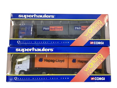 Lot Corgi Superhaulers 1:64 scale diecast articulated lorries including Scania Hapag-Lloyd skeletal trailer ~ TY86620, DAF P & O Nedlloyd skeletal trailer ~ TY87004, ERF Maers...