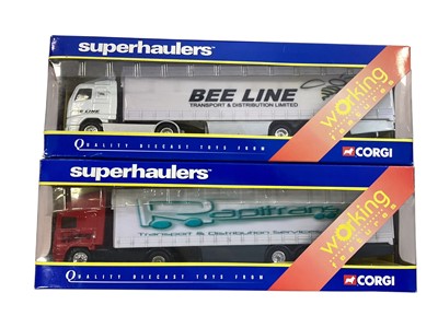 Lot Corgi Superhaulers 1:64 scale diecast articulated lorries including Scania James Irlam Curtainside ~ 59509, Volvo Bee Line Curtainside, Rapitrans Curtainside & Volvo Targe...