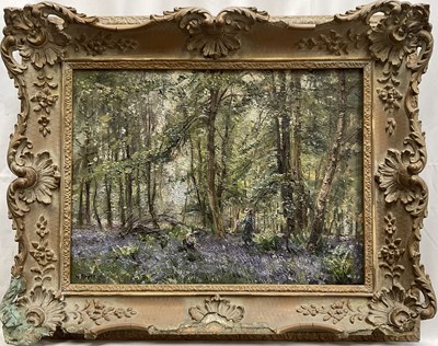 Lot 16 - Herbert Royce (1870-1958) oil on canvas , Bluebell wood with figures, 29cm x 39.5cm, in gilt frame