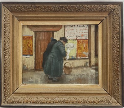 Lot 39 - Neil Lambourne (1919-1988) oil on board, Figure and theatre boards, 18.5cm x 23.5cm, in glazed frame.