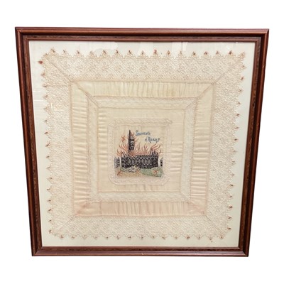 Lot 1233 - WWI period Arras silk scarf embroidered with a scene depicting the fire at Arras Cathedral during the First World War, framed