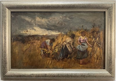 Lot 40 - English School, oil on board, Harvesters, apparently unsigned, 26.5cm x 43.5cm, framed
