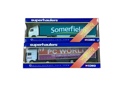 Lot Corgi Superhaulers 1:64 scale diecast articulated lorries including Scania rigid truck Silentnight & close couple trailer ~ TY86725, Volvo Somerfield box trailer ~ TY86720...