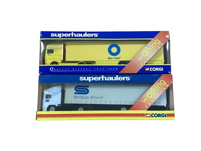Lot Corgi Superhaulers 1:64 scale diecast articulated lorries including DAF Blue Circle Cement box trailer ~ TY87008, ERF Castle Cement Curtainside ~ TY86806 & ERF British Ste...