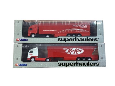 Lot Corgi Superhaulers 1:64 scale diecast articulated lorries including Volvo Lotus race transporter ~ 59547, Volvo Kit Kat Curtainside ~ 59511, ERF Parcel Force box trailer ~ 595...
