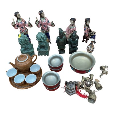 Lot 5030 - Group of Oriental items, including carved hardstone figures, cane-bound porcelain tea set, etc