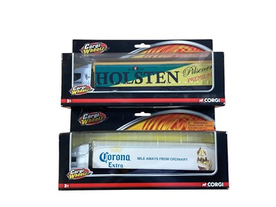 Lot Corgi Wheelz 1:64 scale diecast articulated lorries including DAF Bulmers Curtainside, ERF Holsten Curtainside, ERF Grolsch Curtainside & ERF Corona box trailer, in window boxes (previously...