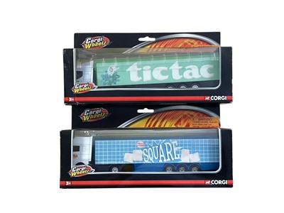 Lot Corgi Wheelz 1:64 scale diecast articulated lorries including DAF Walkers Square box trailer, ERF Tic Tac box trailer & ERF Rice Crispies box trailer, in window boxes (previously displayed)...