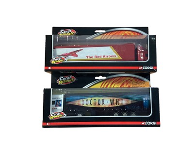 Lot Corgi Wheelz 1:64 scale diecast articulated lorries including DAF Doctor Who Curtainside, ERF The Red Arrows box trailer, Volvo Pirelli Curtainside, Volvo Black & Decker box trailer & Vo...