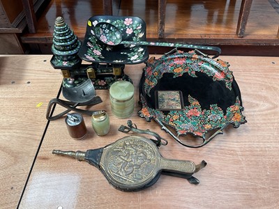 Lot 5028 - Sundry items, including a painted set of kitchen scales, bellows, etc