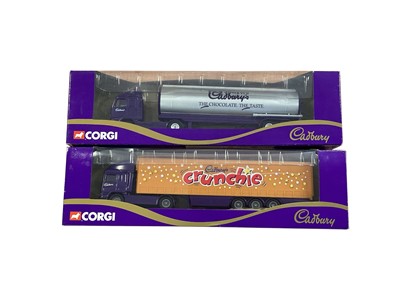 Lot Corgi 1:64 scale diecast articulated lorries including Volvo Cadbury's Boost bike team race transporter ~ 59519, ERF Cadbury's Crunchie Curtainside 59501 & Volvo Cadbury tanker ~ 59514, in...