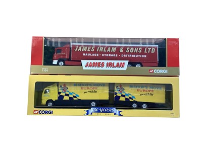 Lot Corgi 1:64 scale diecast articulated lorries including Volvo rigid truck Bishops Move & close coupled trailer ~ TY6712, ERF C S Ellis Curtainside~ 59559ERF R.G.Bassett & Sons (Millenniu...