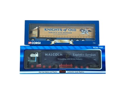 Lot Corgi 1:64 scale diecast articulated lorries including Scania Peterborough Heavy Haulage curtainside ~ 59558, Volvo Christian Salvesen Curtainside ~ 59562, Scania Malcolm Logistics Services curt...