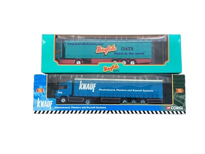 Lot Corgi 1:64 scale diecast articulated lorries including ERF Mornflake Oats Curtainside, ~ 595473, Scania Sunpride Curtainside CC86603, Scania Knauf Curtainside ~ CC86604 & Scania Hovis box t...